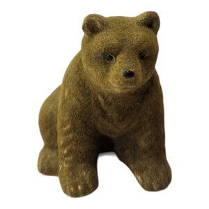 Vintage Flocked Sitting Brown Bear Ceramics Japan 3 1/8" Tall Grizzly